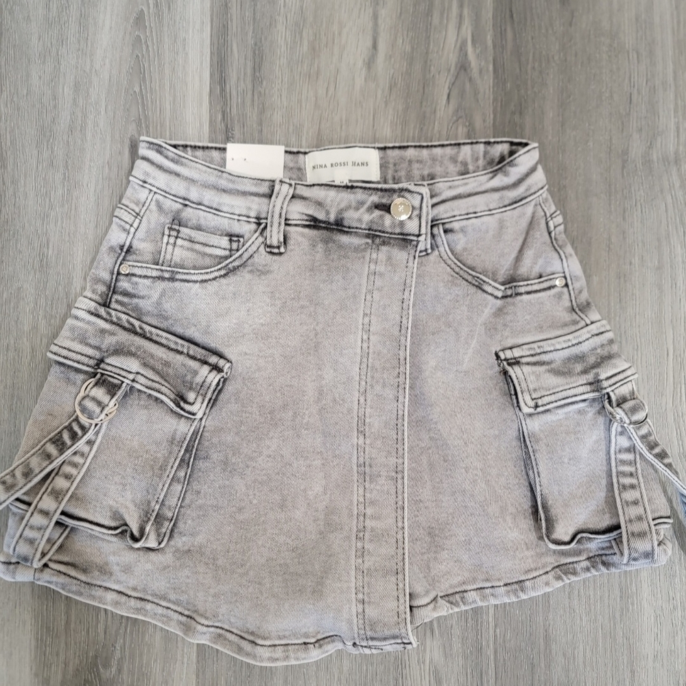 Gray Denim Mini Skirt with Pockets